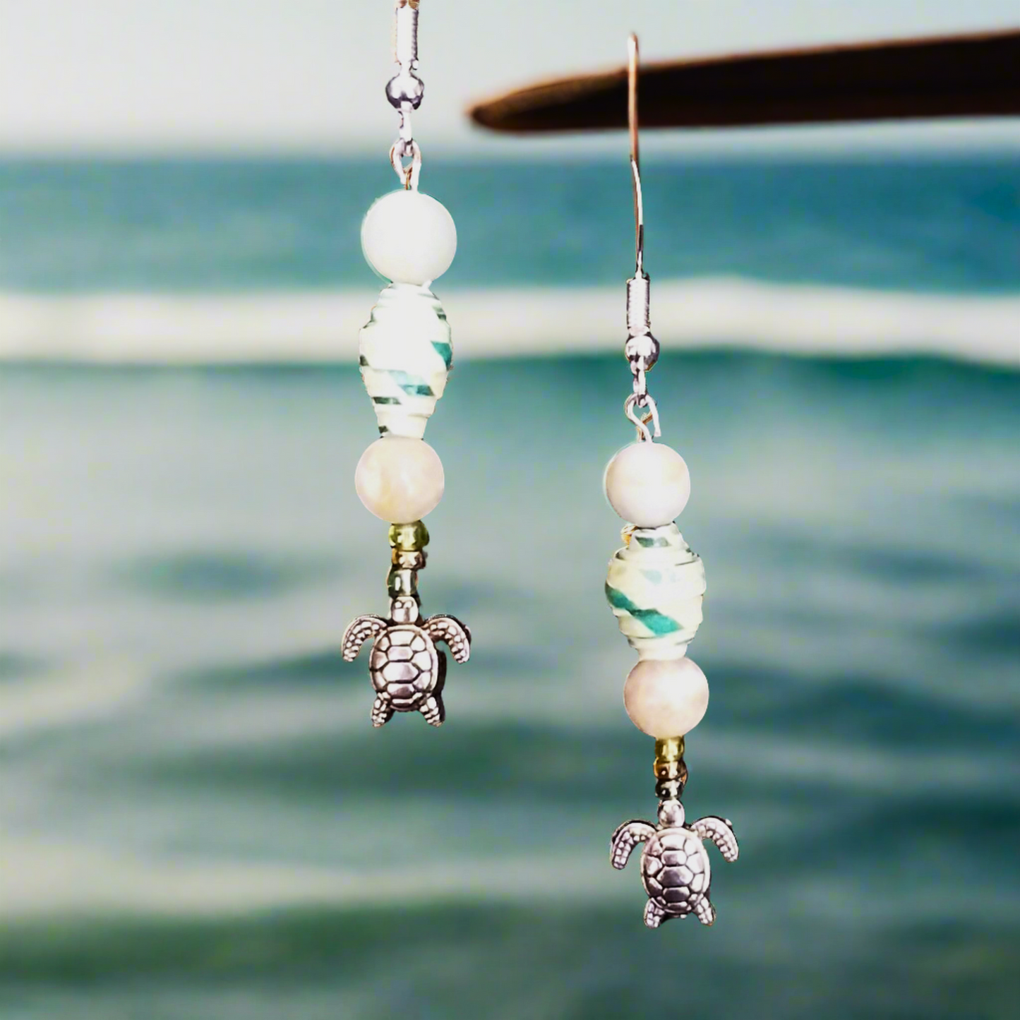 Turtle Earrings With Green-Yellow Handmade Paper Beads