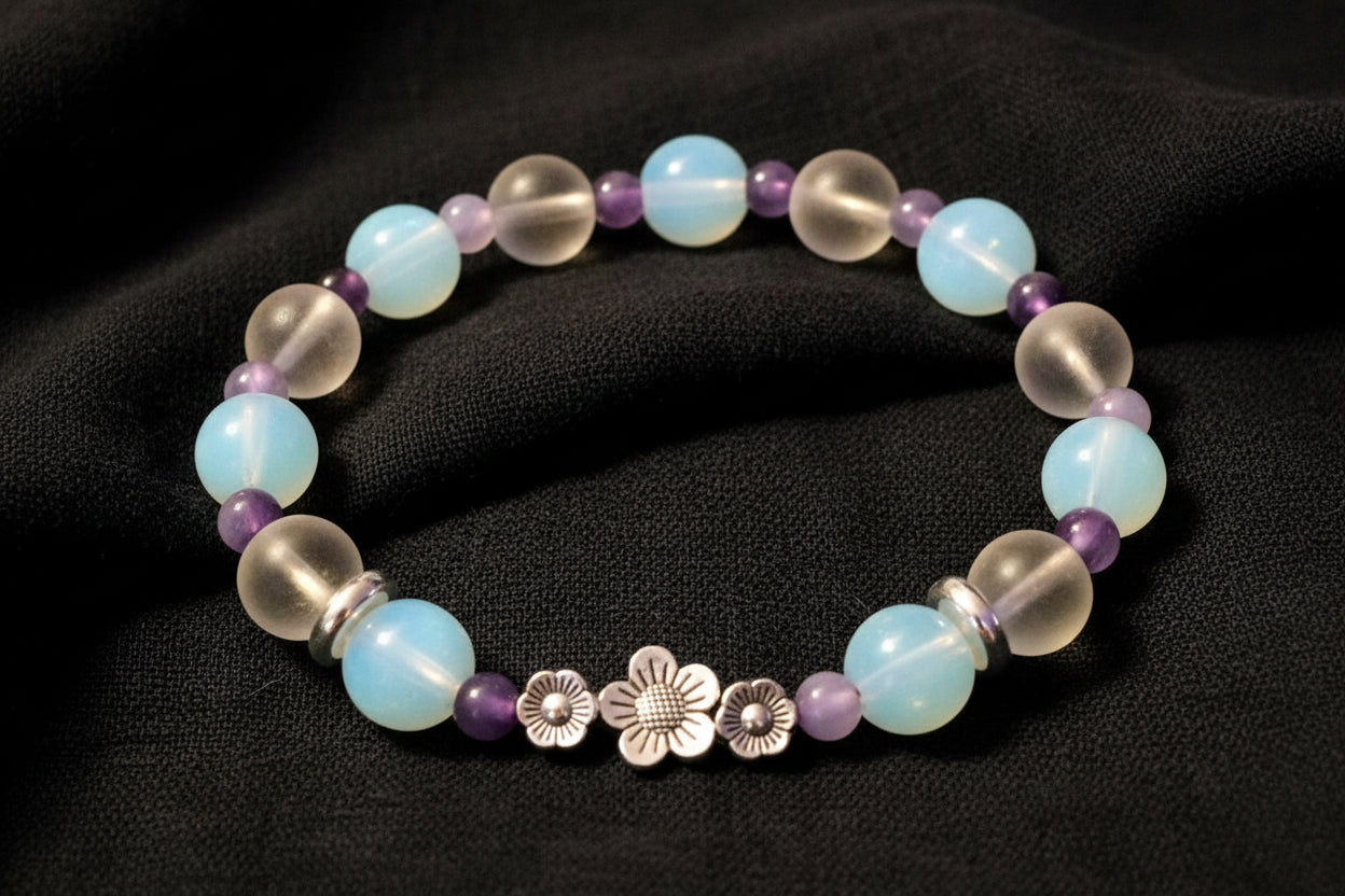 Bracelet With Flowers, Opaque and Frosted Beads With Purple Banded Agate