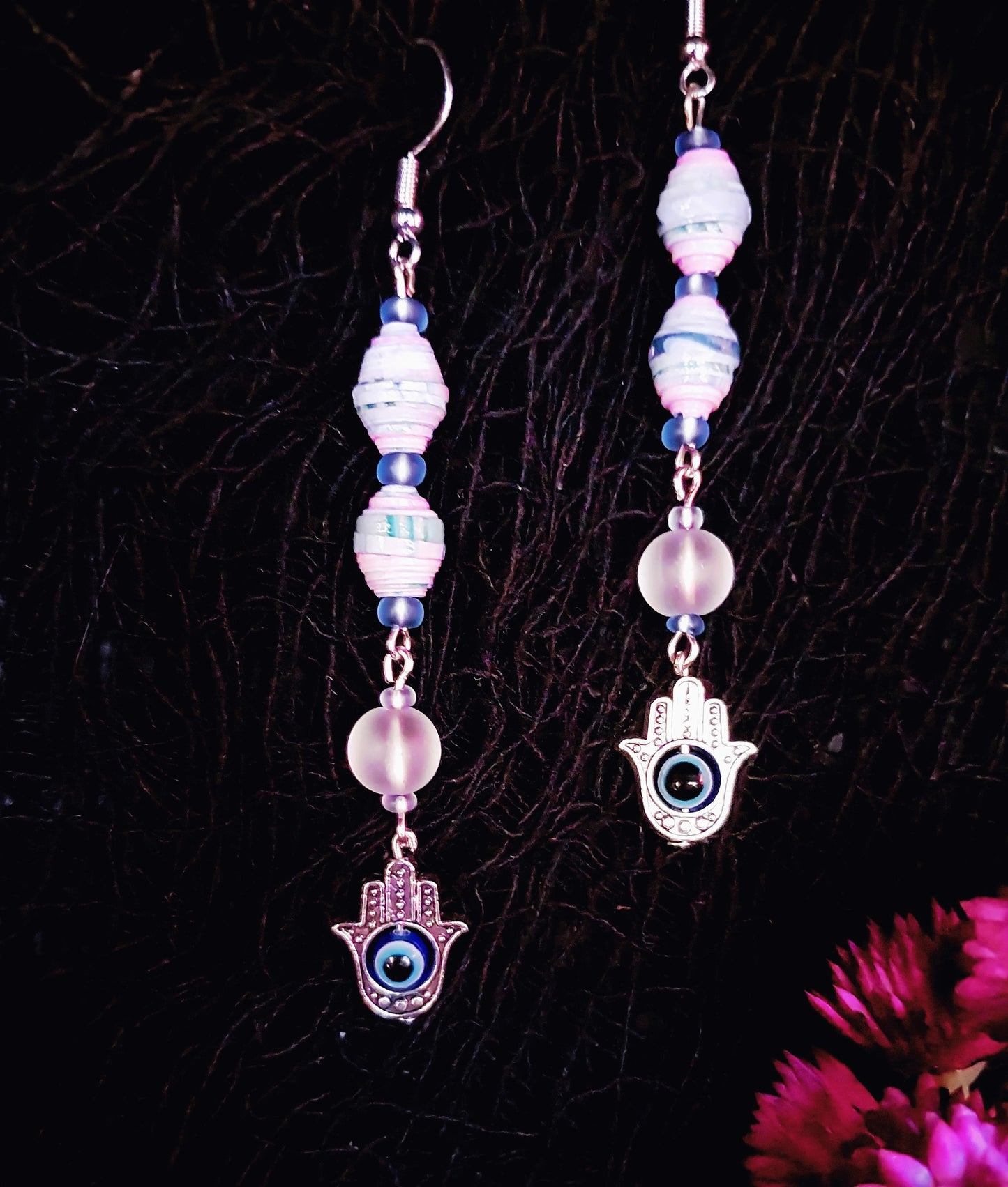 Hamsa Hand Earrings With Multicolored Handmade Paper Beads