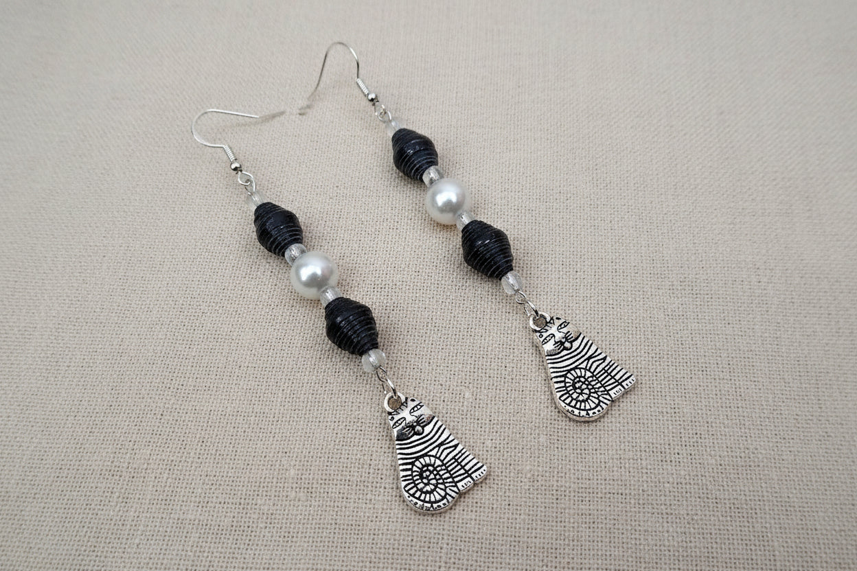 Cat Earrings With Black Handmade Paper Beads