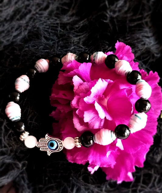 Bracelet With Hamsa Hand, Colorful Handmade Paper Beads & Black Beads