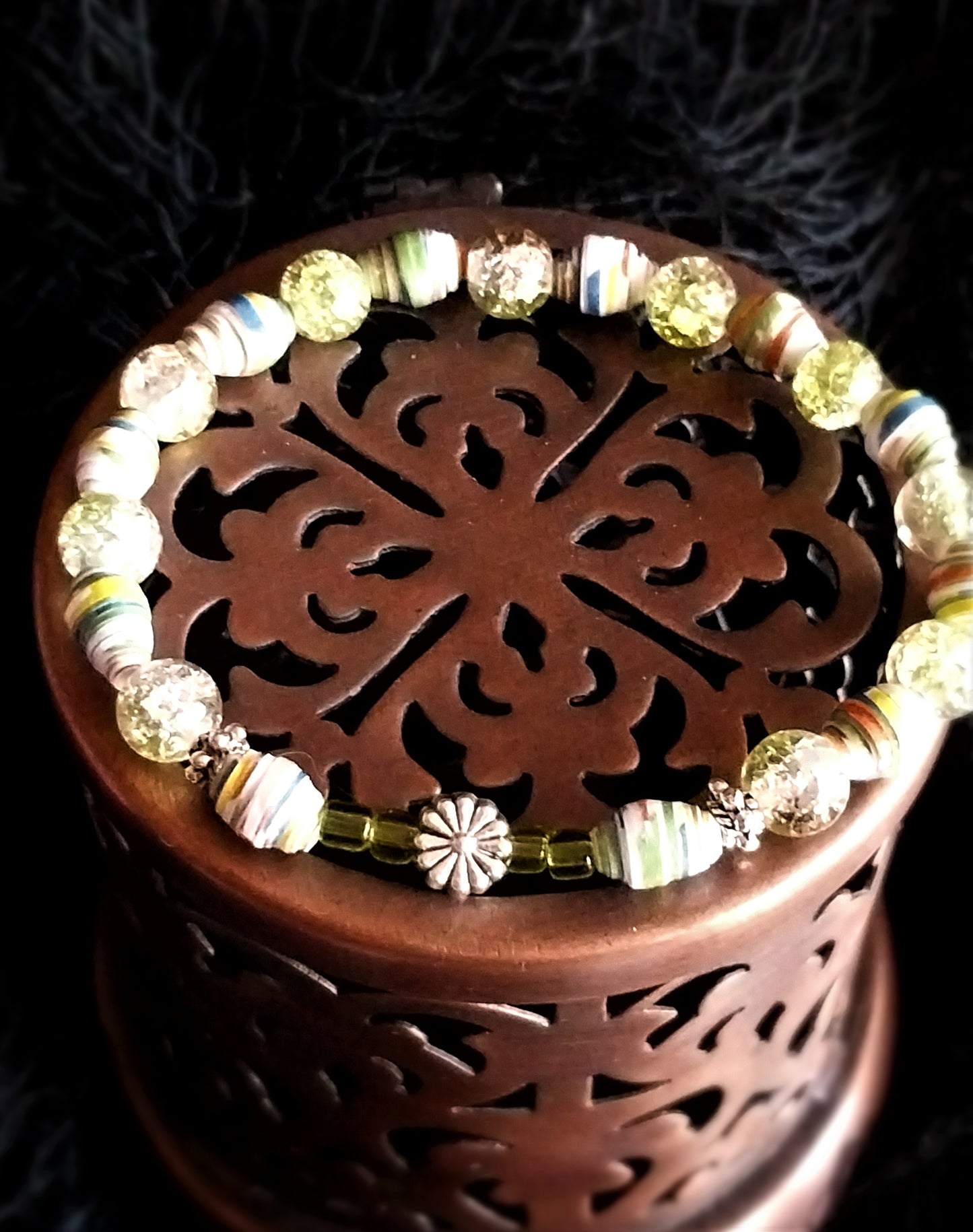 Bracelet With Flower, Colorful Handmade Paper Beads, and Green Crackle Beads