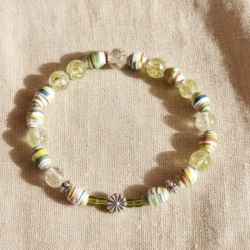 Bracelet With Flower, Colorful Handmade Paper Beads, and Green Crackle Beads