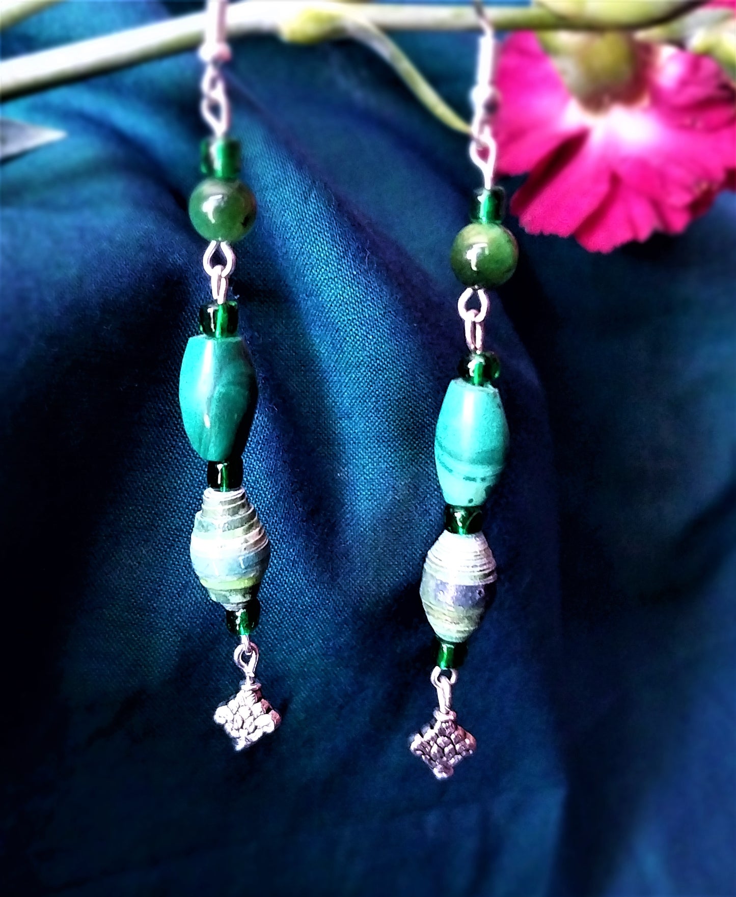 Malachite Earrings With Green Handmade Paper Beads