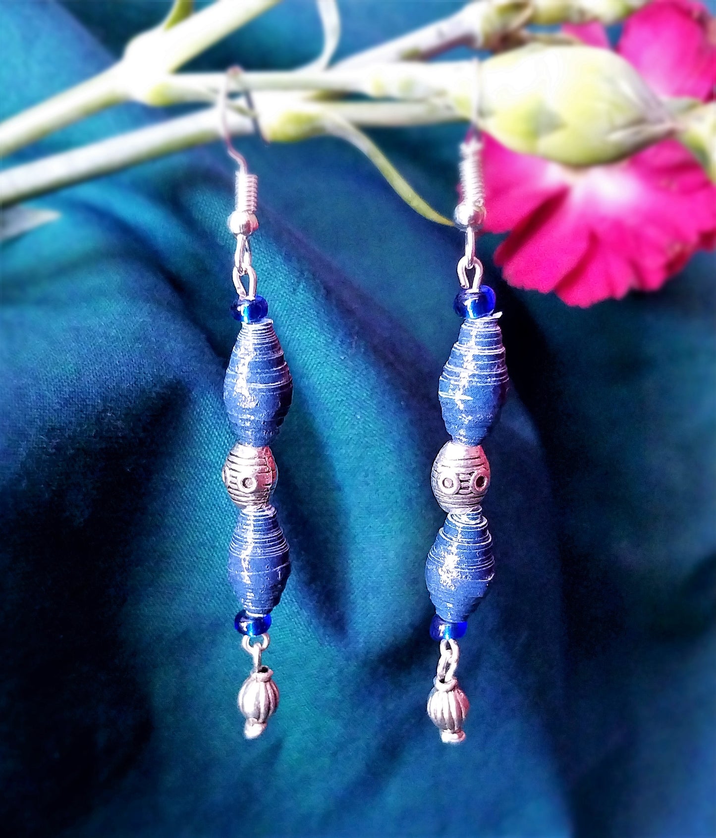 Navy Blue Handmade Paper Bead Earrings