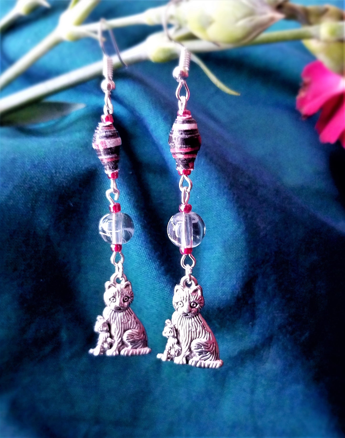 Cat & Kitten Earrings With Multicolor Handmade Paper Beads