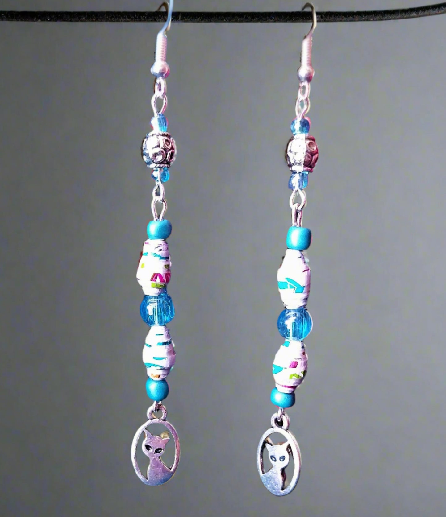 Cat Earrings With Multicolored Handmade Paper Beads