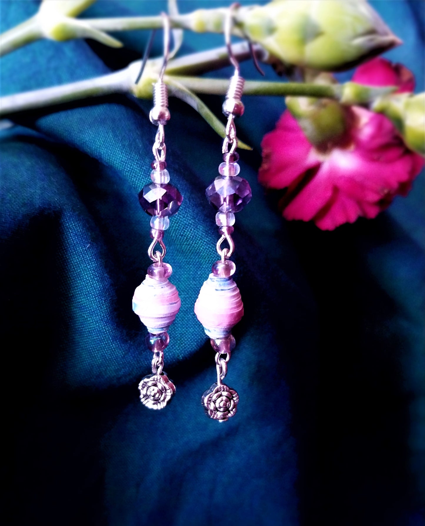 Rose Flower Earrings With Multicolored Handmade Paper Beads