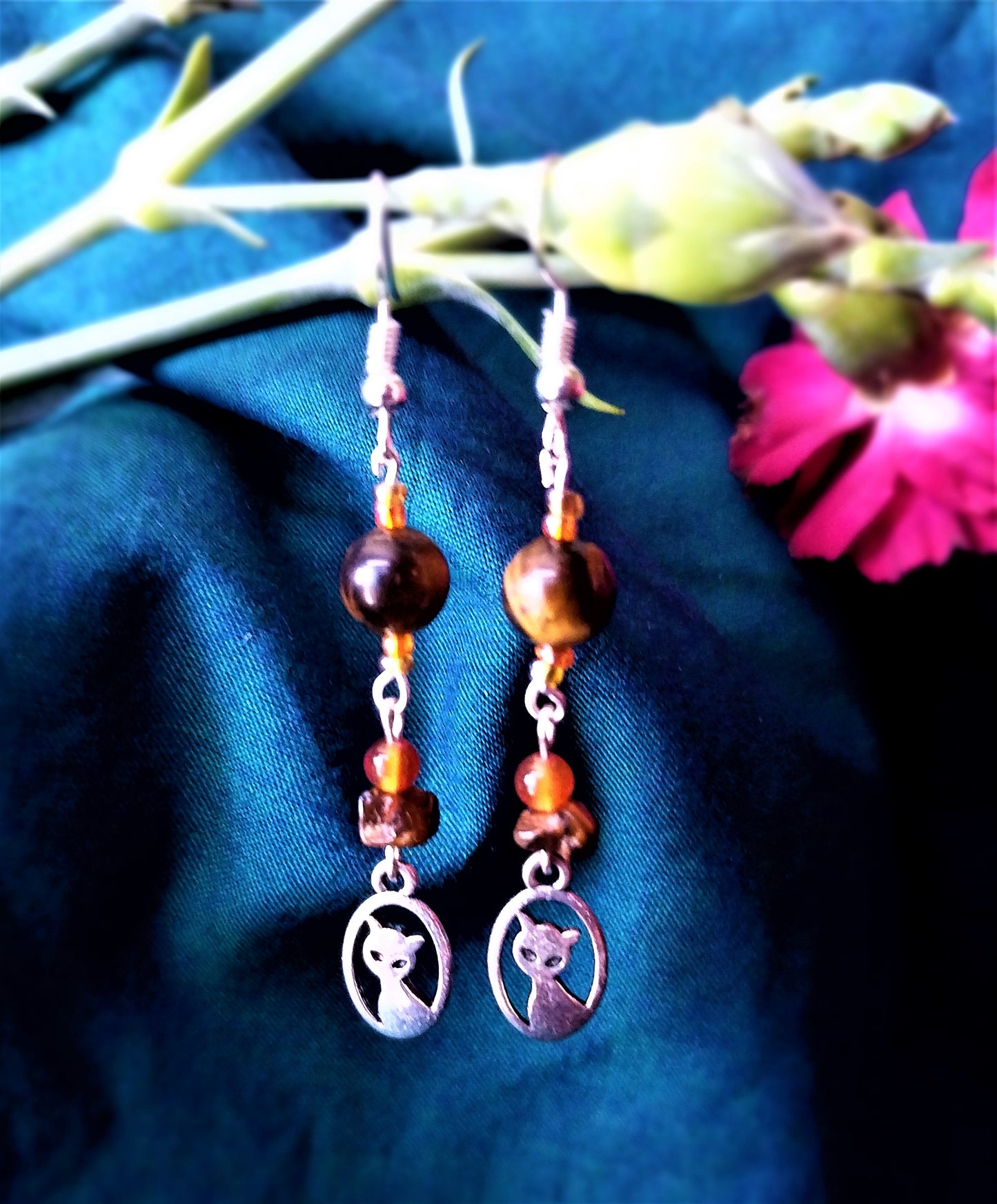 Cat Earrings with Tiger's Eye Stone Beads