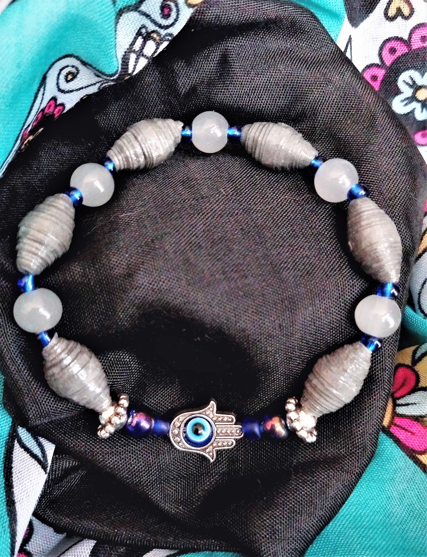 Bracelet With Hamsa Hand, Grey Handmade Paper Beads & Opaque Beads