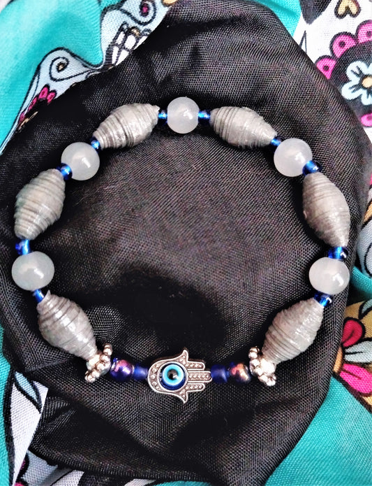 Bracelet With Hamsa Hand, Grey Handmade Paper Beads & Opaque Beads