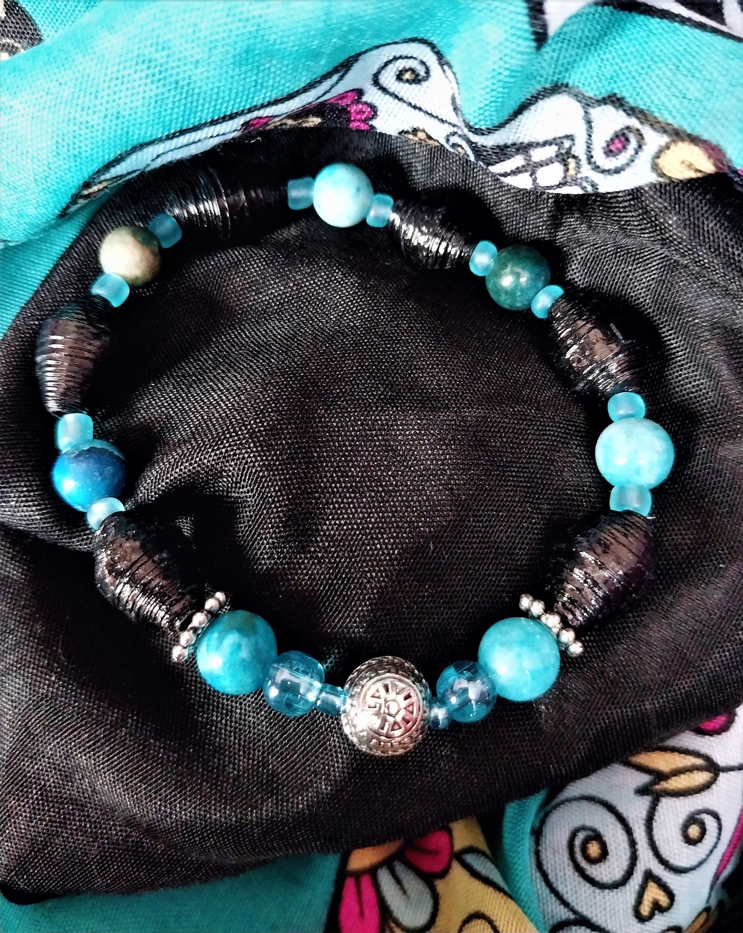 Bracelet With Geometric Mandala, Black Handmade Paper Beads & Agate Beads