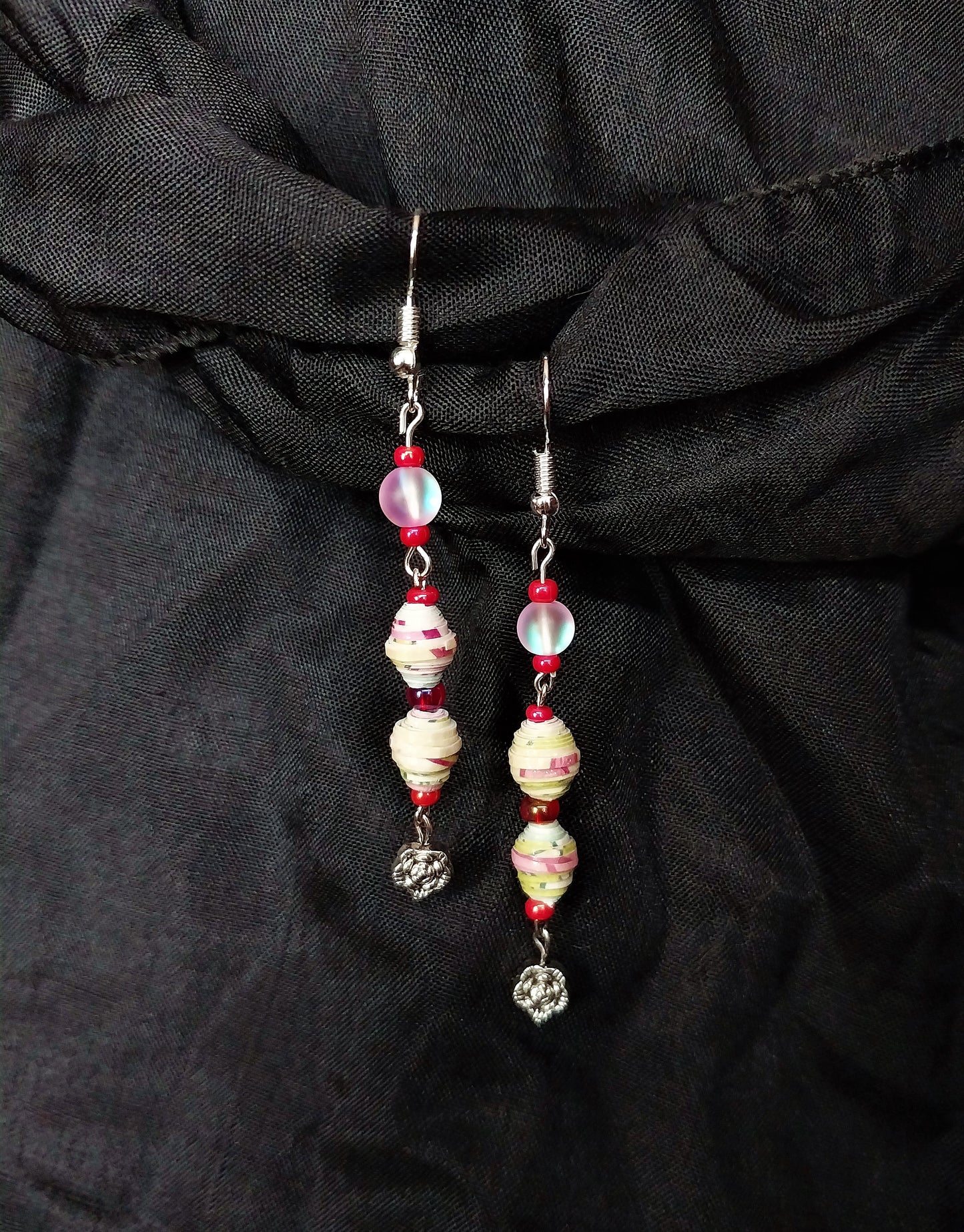 Rose Flower Earrings With Multicolored Handmade Paper Beads