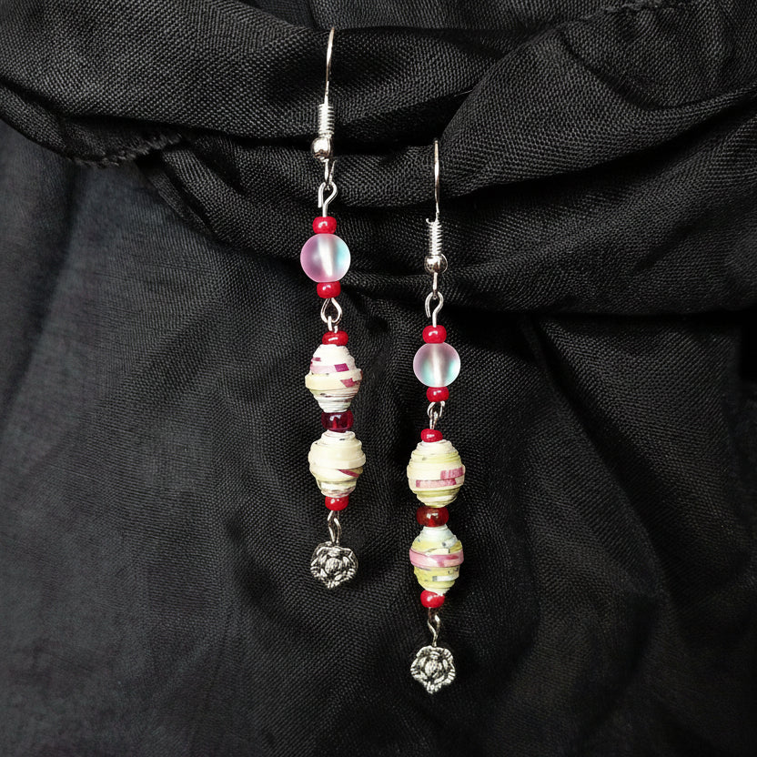 Rose Flower Earrings With Multicolored Handmade Paper Beads