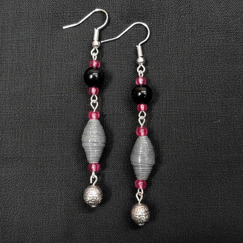 Grey Handmade Paper Bead Earrings With Round Charm