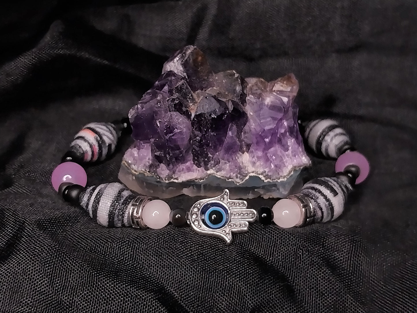 Bracelet With Hamsa Hand, Colorful Handmade Cloth Beads, and Opaque Beads