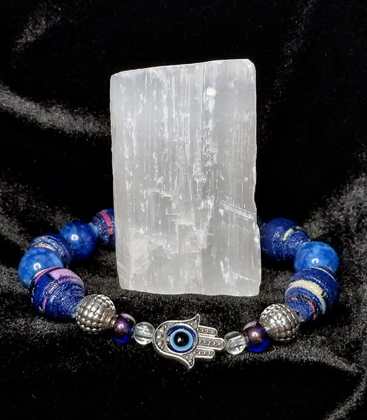 Bracelet With Hamsa Hand, Blue Handmade Cloth Beads, and Blue Glass Beads