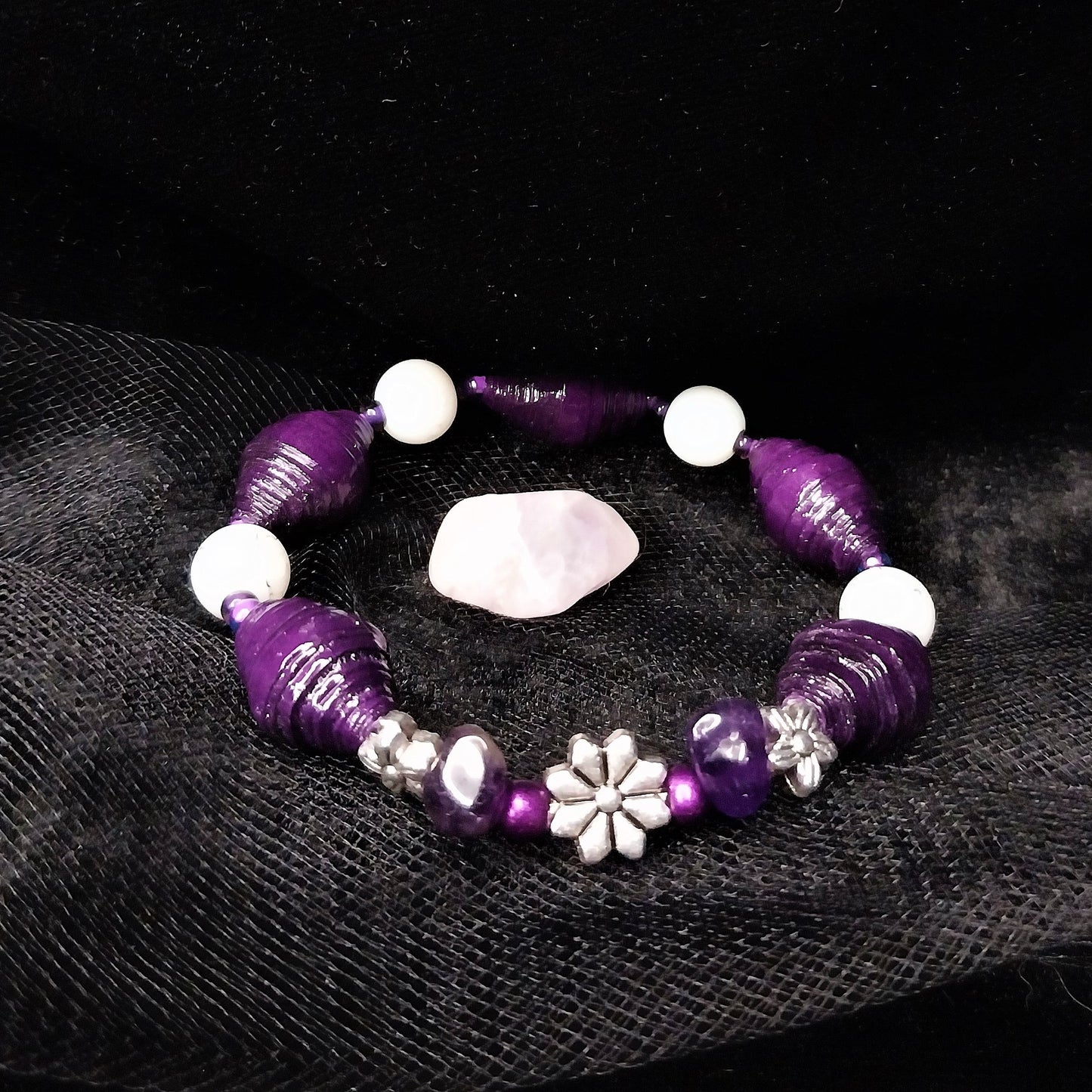 Bracelet With Flowers, Deep Purple Handmade Paper Beads, and White Marbled Beads