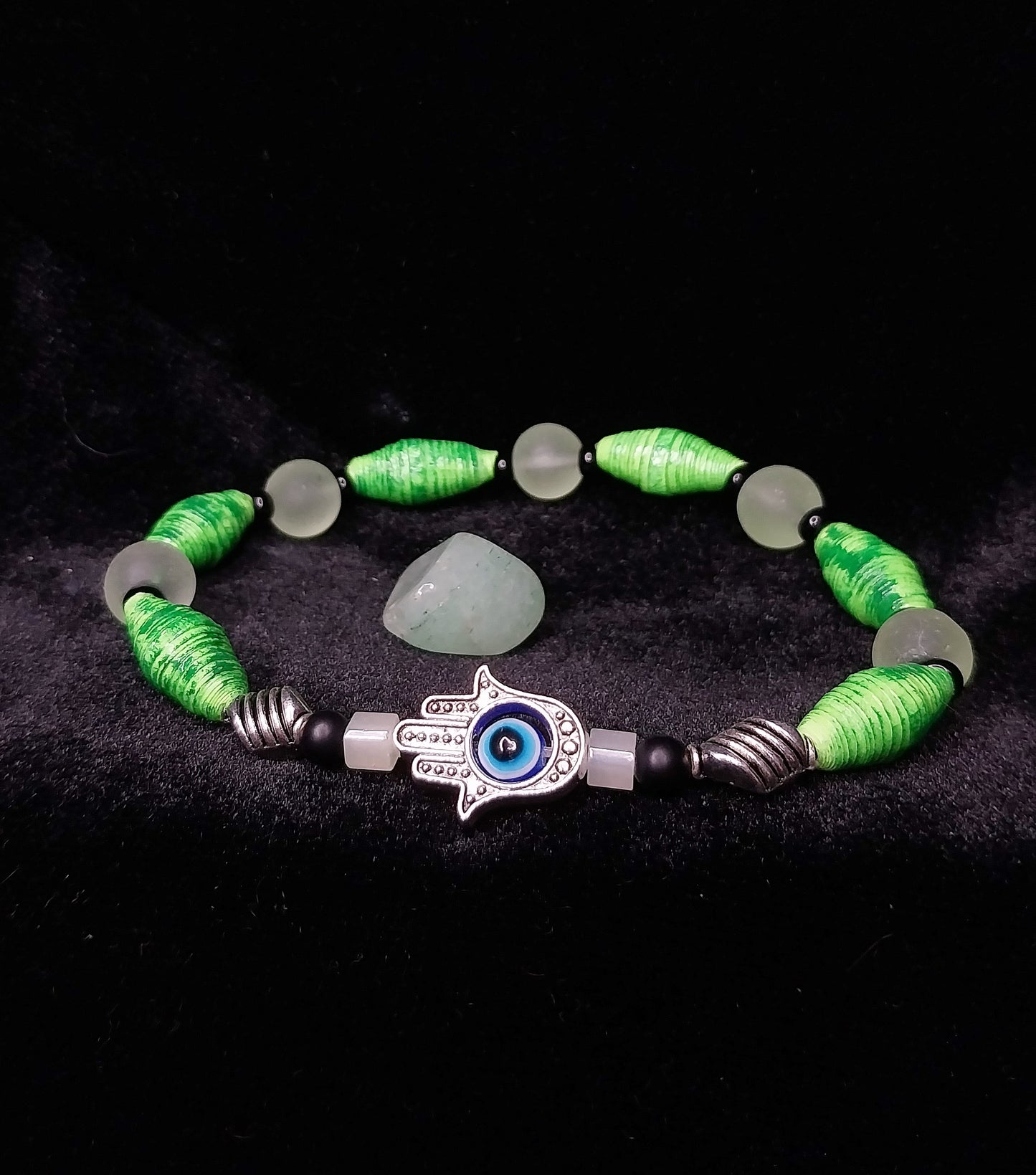 Bracelet With Hamsa Hand, Distressed Green Handmade Paper Beads & Frosted Beads