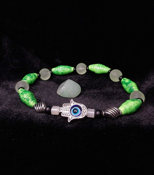 Bracelet With Hamsa Hand, Distressed Green Handmade Paper Beads & Frosted Beads