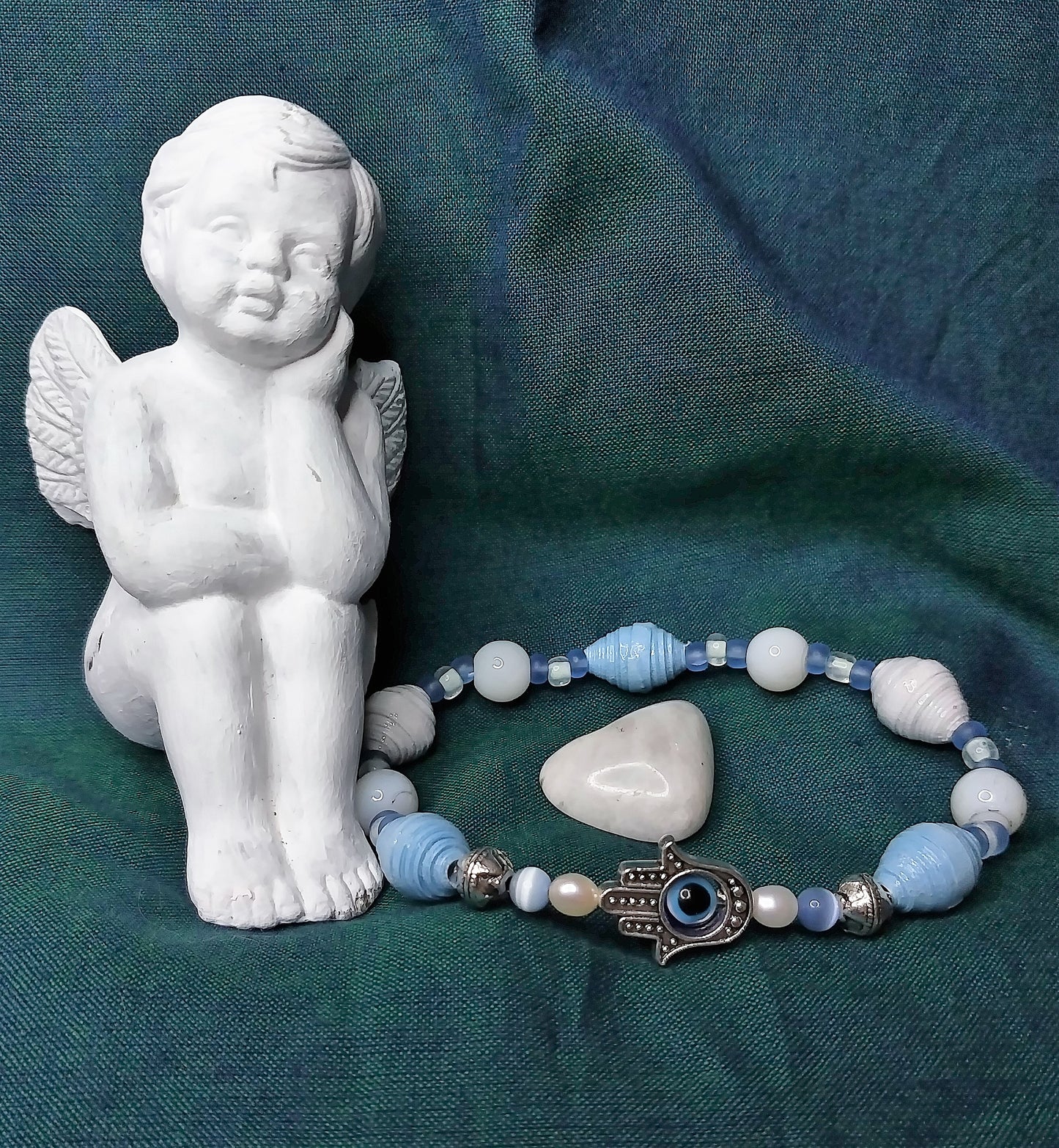 Bracelet With Hamsa Hand, Blue Handmade Paper Beads & White Marbled Beads