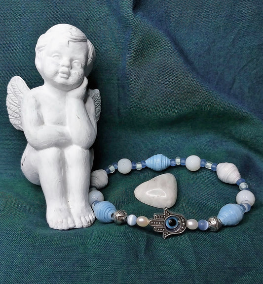 Bracelet With Hamsa Hand, Blue Handmade Paper Beads & White Marbled Beads