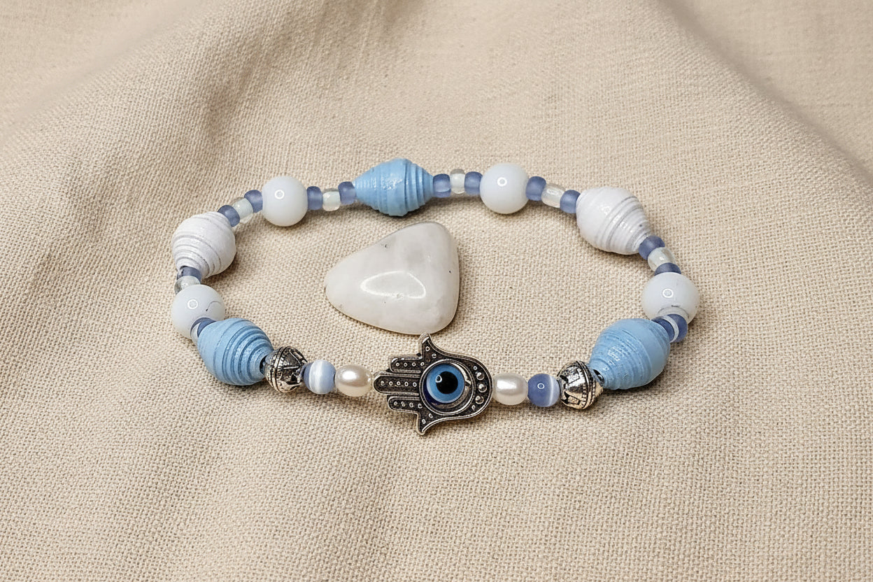 Bracelet With Hamsa Hand, Blue Handmade Paper Beads & White Marbled Beads