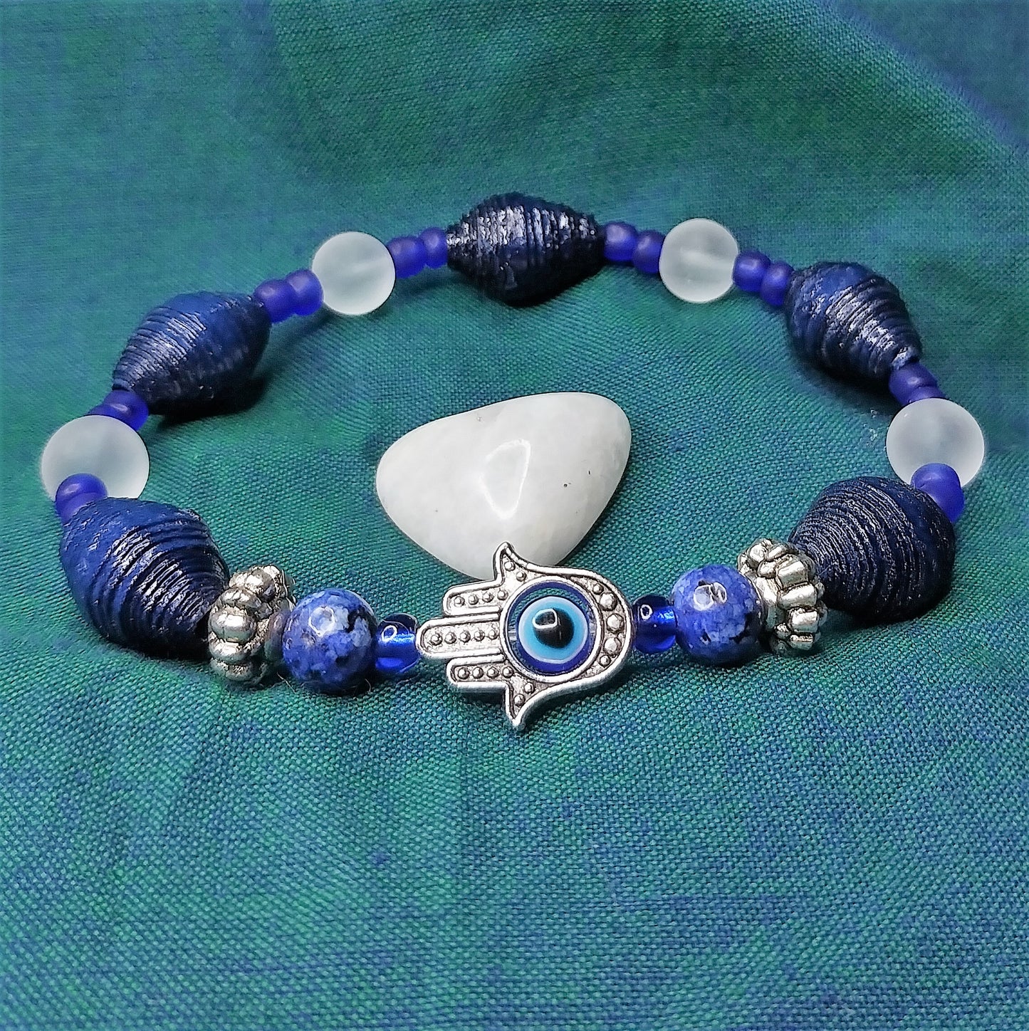 Bracelet With Hamsa Hand, Dark Blue Handmade Paper Beads & Frosted Beads