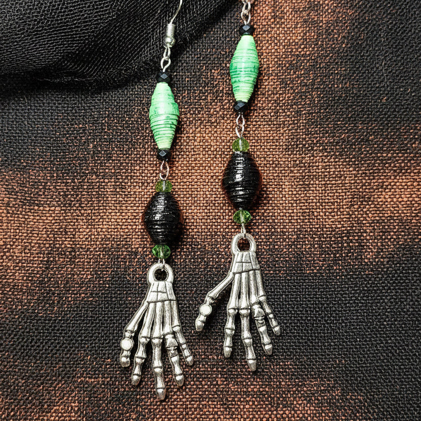 Skeleton Hand Earrings With Black & Green Handmade Paper Beads