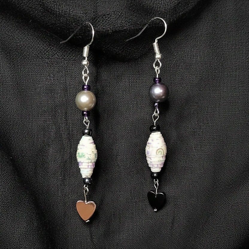 Heart Earrings With Multicolored Handmade Paper Beads & Silver Beads