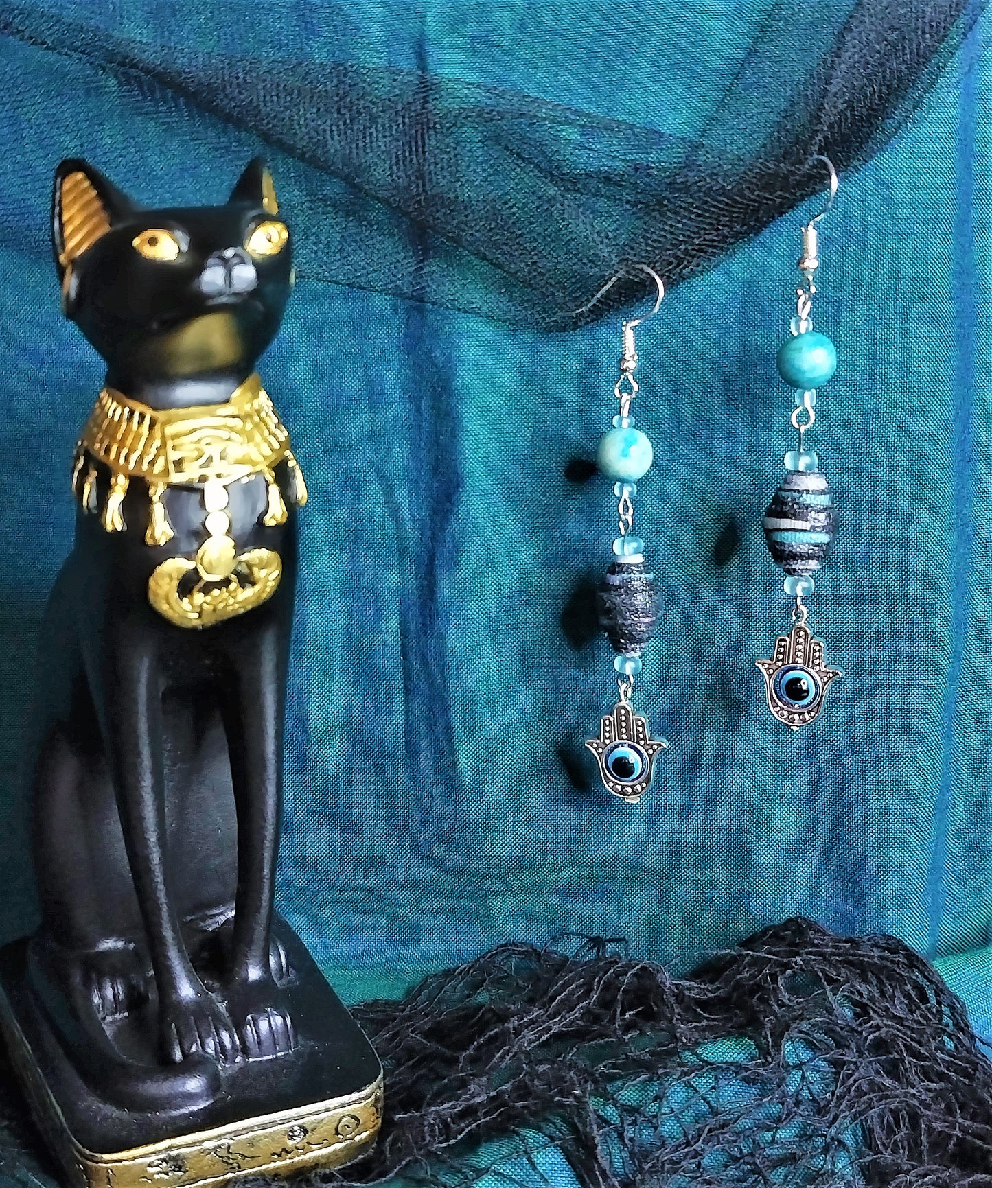 Hamsa Hand Earrings With Multicolored Handmade Cloth Beads