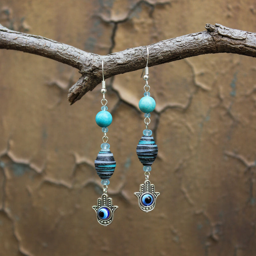 Hamsa Hand Earrings With Multicolored Handmade Cloth Beads