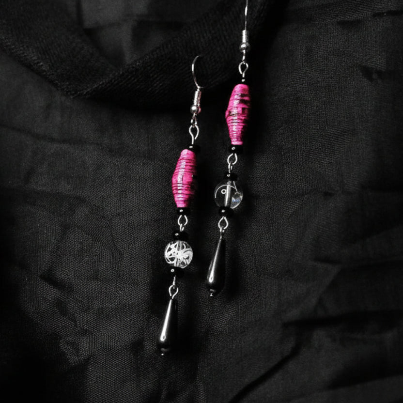 Teardrop Earrings With Pink Distressed Handmade Paper Beads