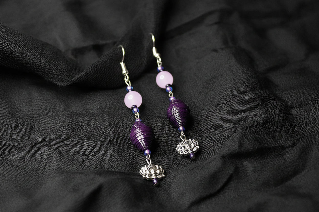 Flower Earrings With Dark Purple Handmade Paper Beads