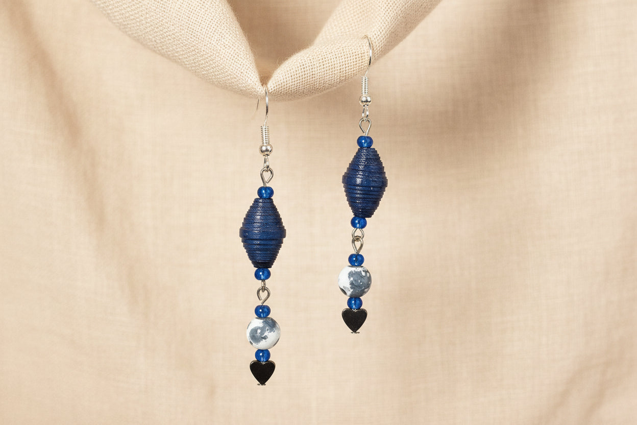 Heart Earrings With Navy Blue Handmade Paper Beads
