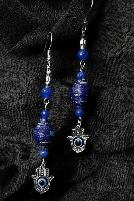 Hamsa Hand Earrings With Dark Blue Handmade Cloth Beads