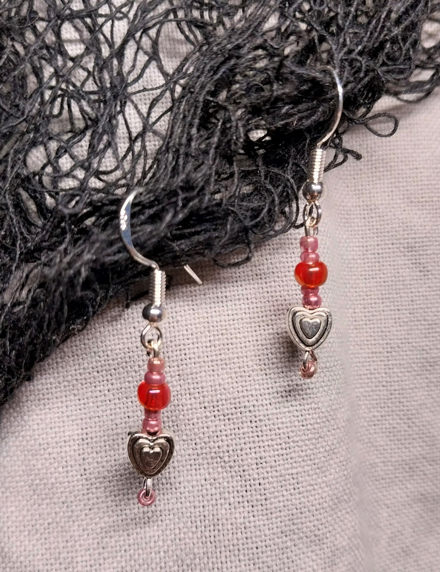 Heart Earrings With Red & Pink Glass Beads
