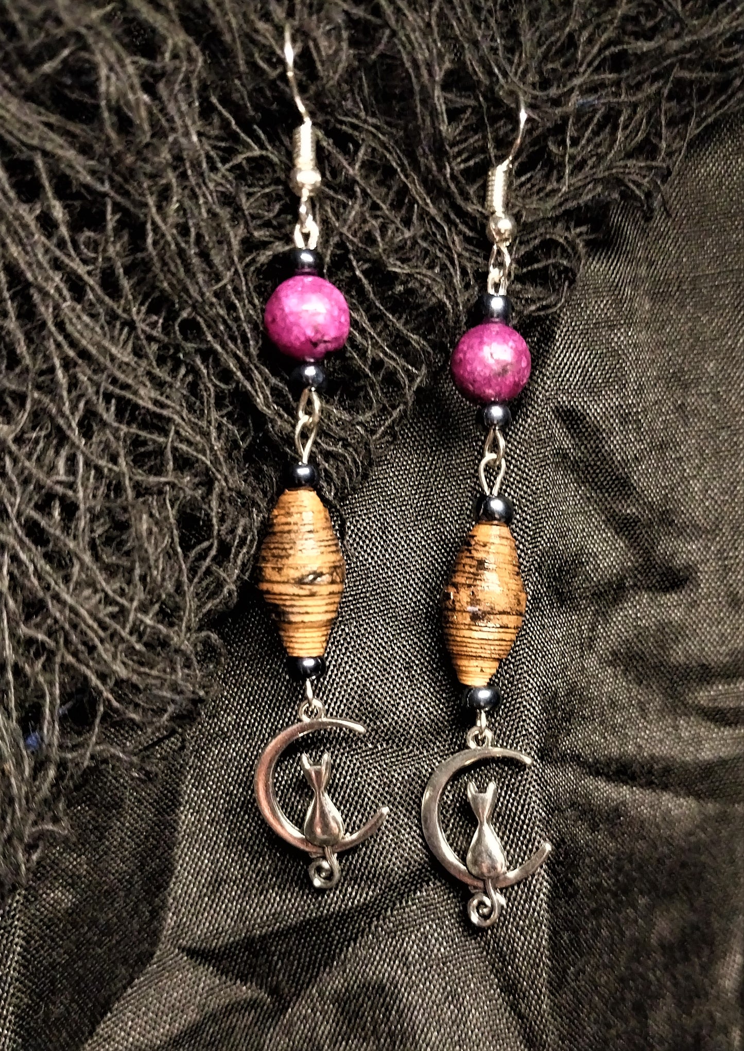 Cat Earrings With Brown Distressed Handmade Paper Beads & Stone Beads