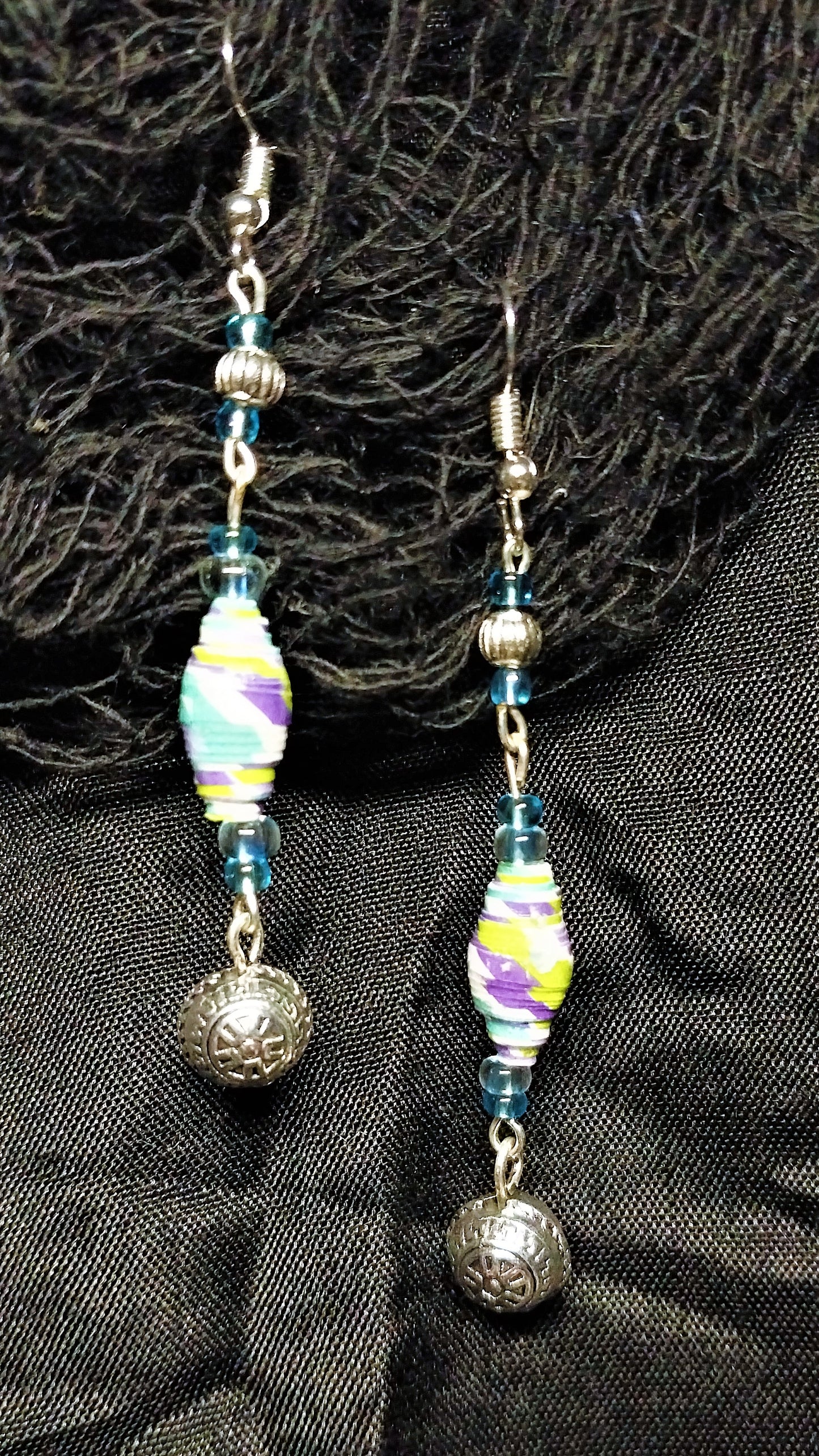 Multicolored Handmade Paper Bead Earrings With Round Ball Charm