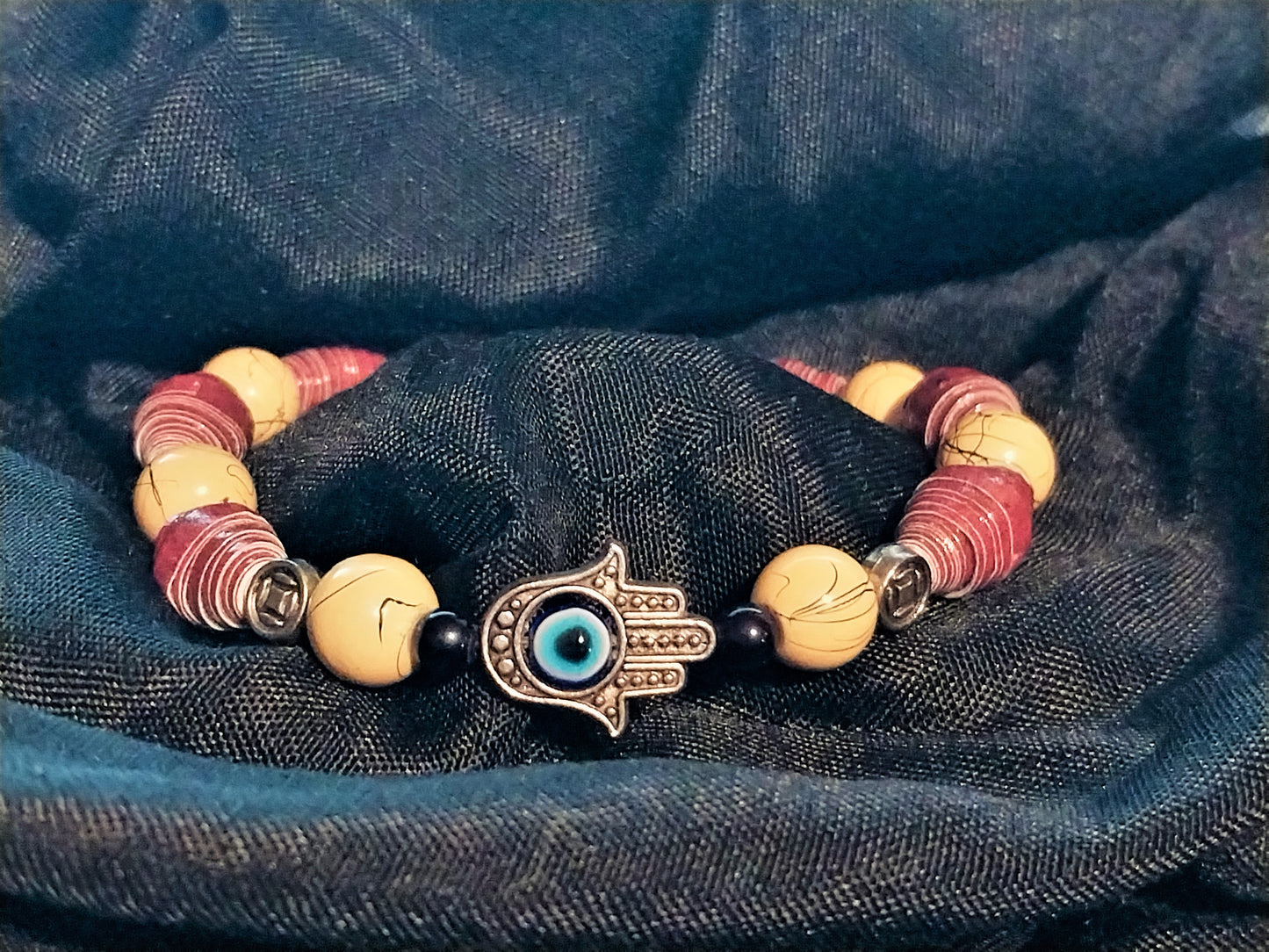 Bracelet With Hamsa Hand, Mauve Handmade Paper Beads & Yellow Marbled Beads