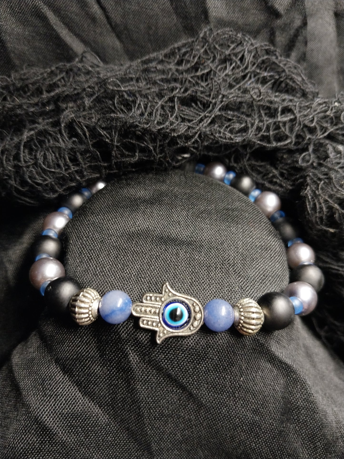 Bracelet With Hamsa Hand and Black & Silver Glass Beads
