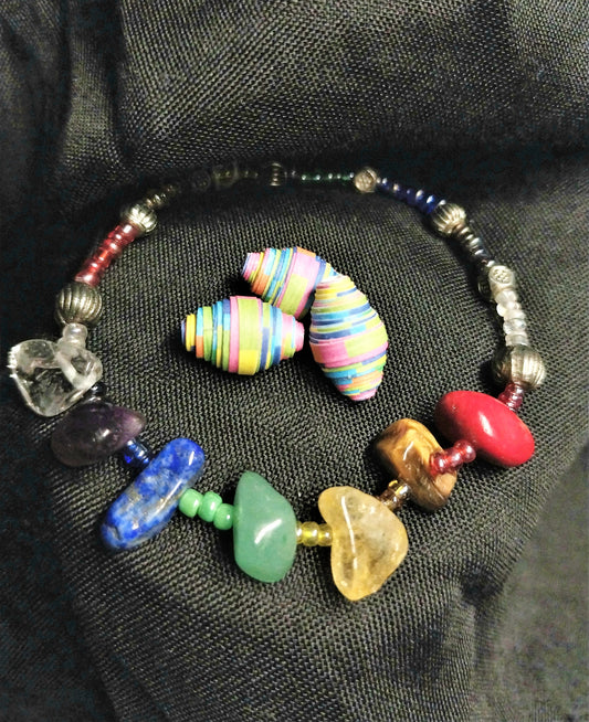 Bracelet With Chakra Colored Chip Stone Beads and Matching Seed Beads