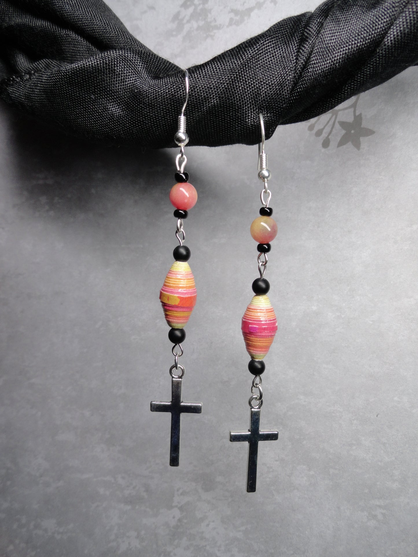 Cross Earrings With Multicolored Handmade Paper Beads and Glass Beads