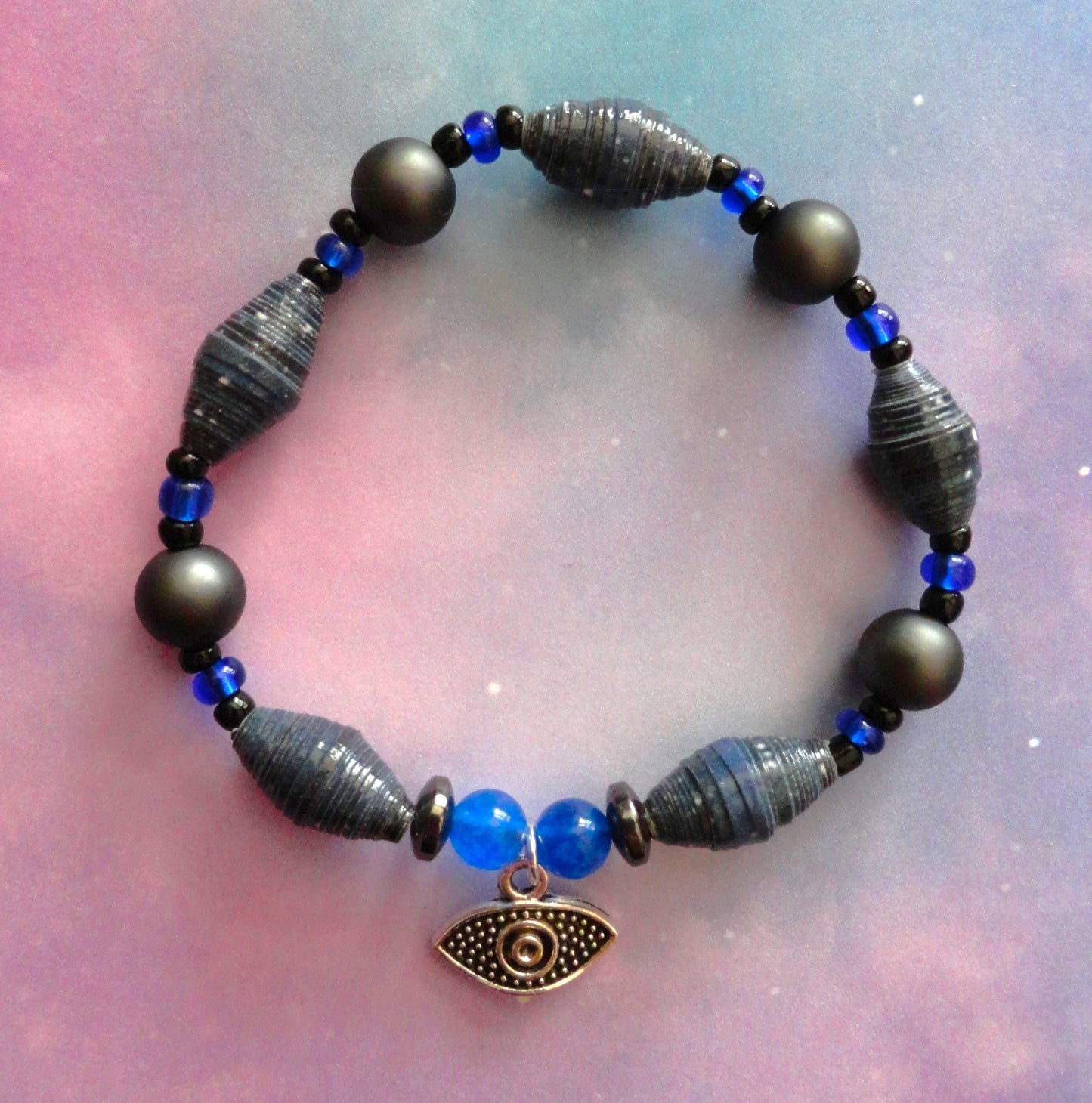 Bracelet With Evil Eye, Indigo Handmade Paper Beads & Metallic Glass Beads