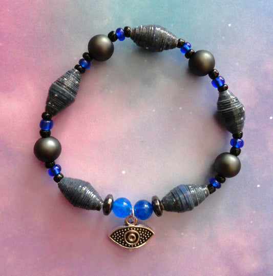 Bracelet With Evil Eye, Indigo Handmade Paper Beads & Metallic Glass Beads