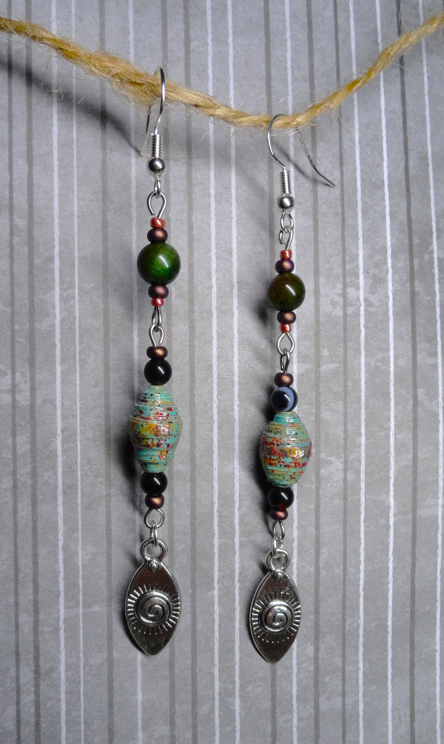 Evil Eye Earrings With Earth-toned Handmade Paper Beads and Glass Beads