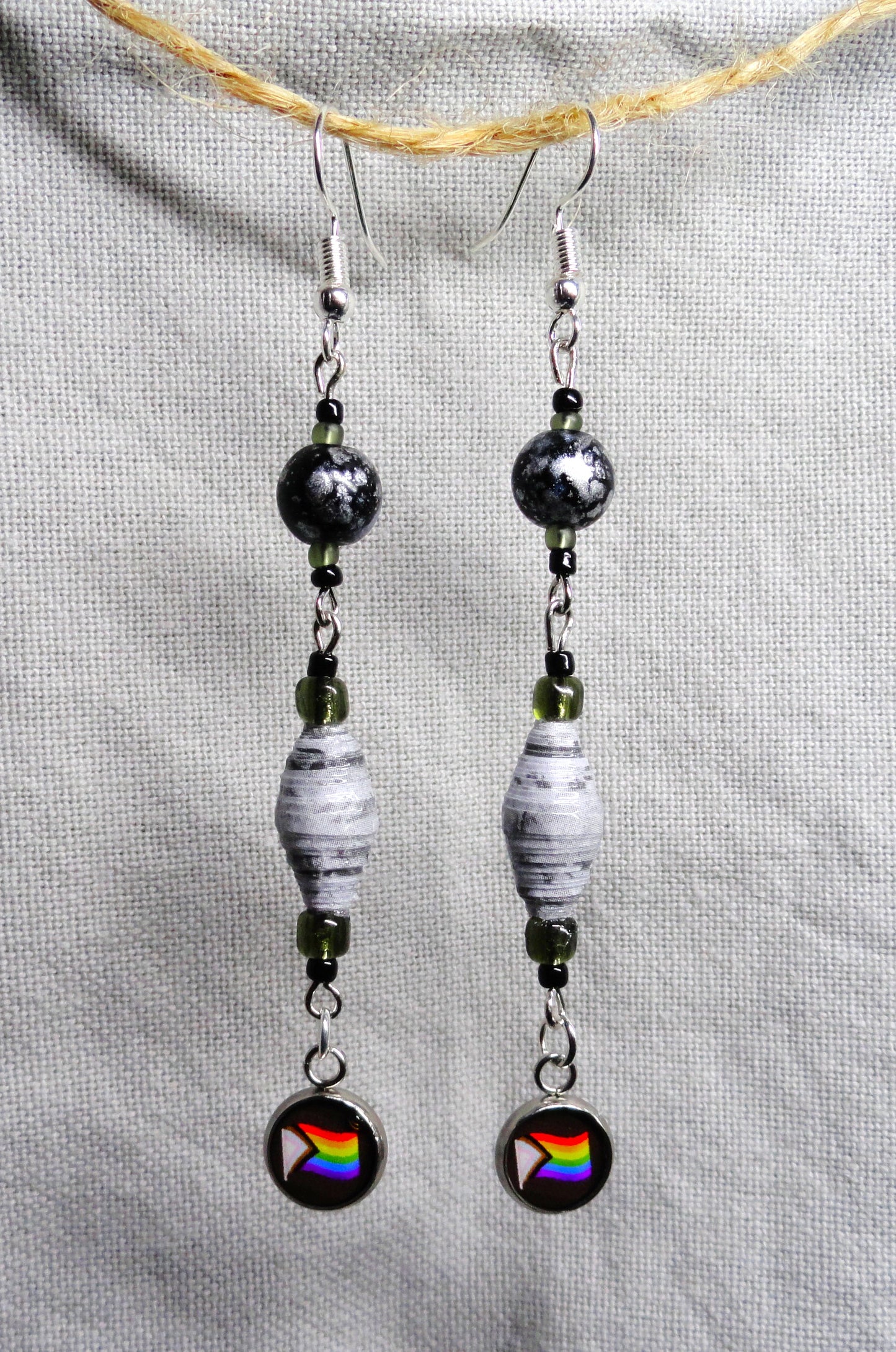 Pride Earrings With Grey Speckled Handmade Paper Beads and Marbled Beads