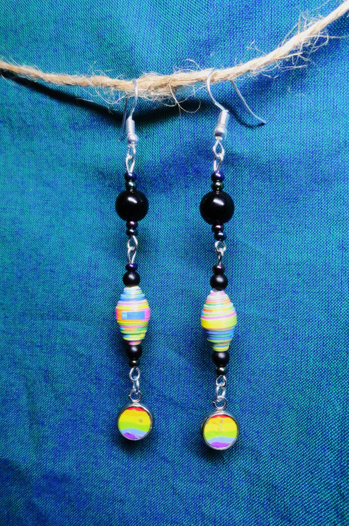 Pride Earrings With Rainbow Colored Handmade Paper Beads and Marbled Beads