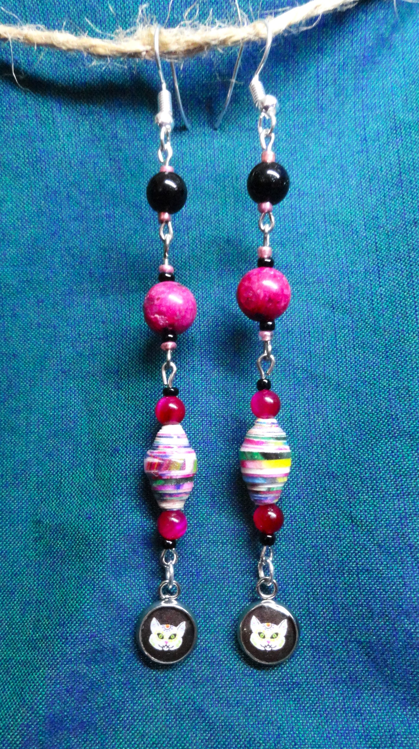 Dia De Los Muertos Cat Skull Earrings With Colorful Handmade Paper Beads, Stone & Glass Beads