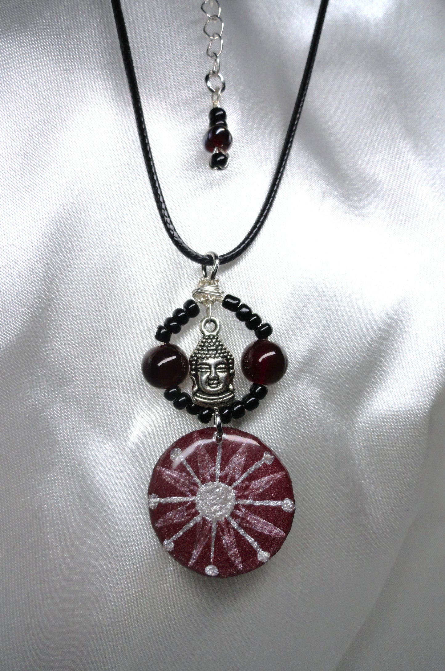 Geometric Necklace With Buddha Charm, Infused With Selenite Crystal, And sealed In Resin